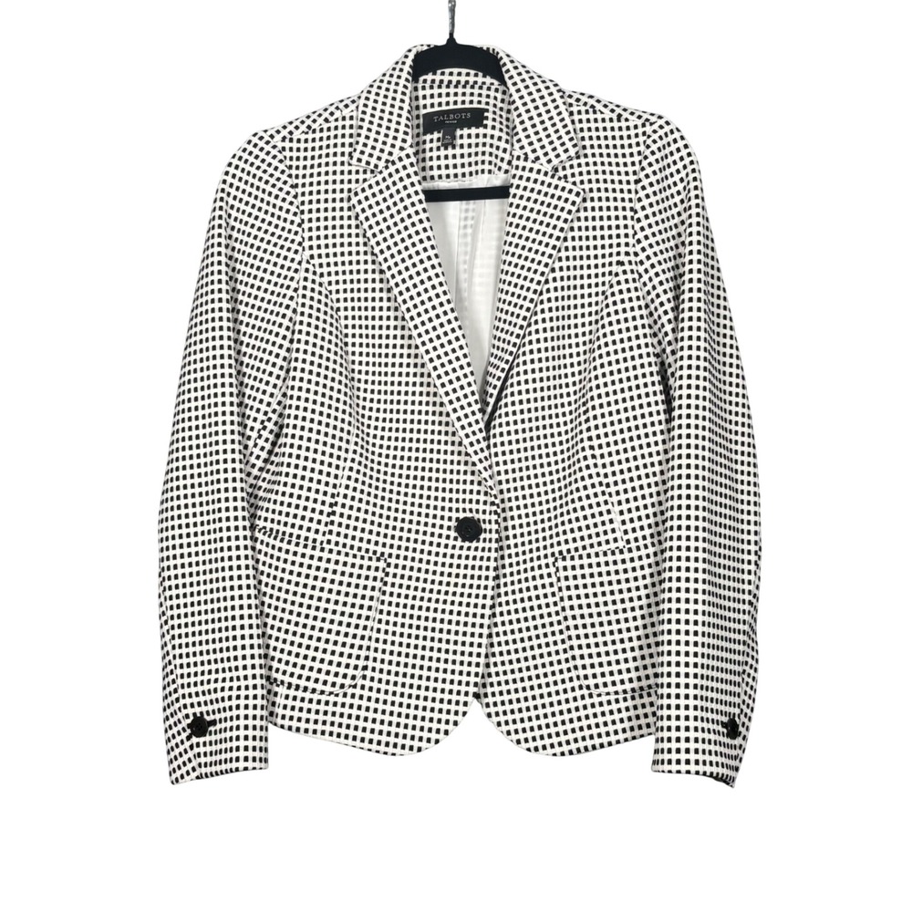 Talbots Petites Checked Black White Single Button Blazer Jacket Womens MP